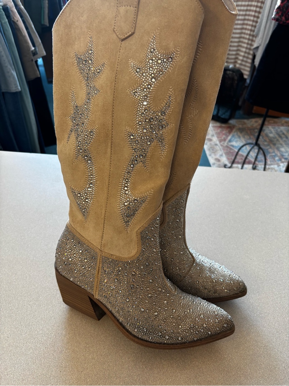Madden NYC Embellished Cream Suede Western Tall Boots - Picture 11 of 14